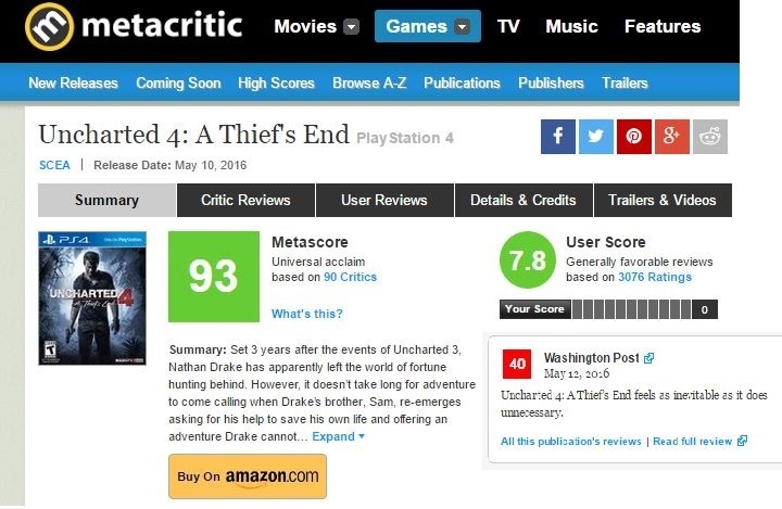 Uncharted 4: recensione satirica rovina il metascore