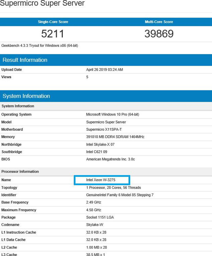 Intel Xeon W-3275 28-core intravisto su Geekbench