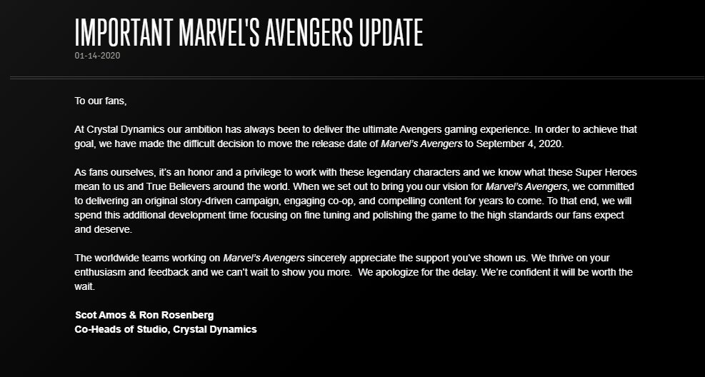 Marvel's Avengers rimandato