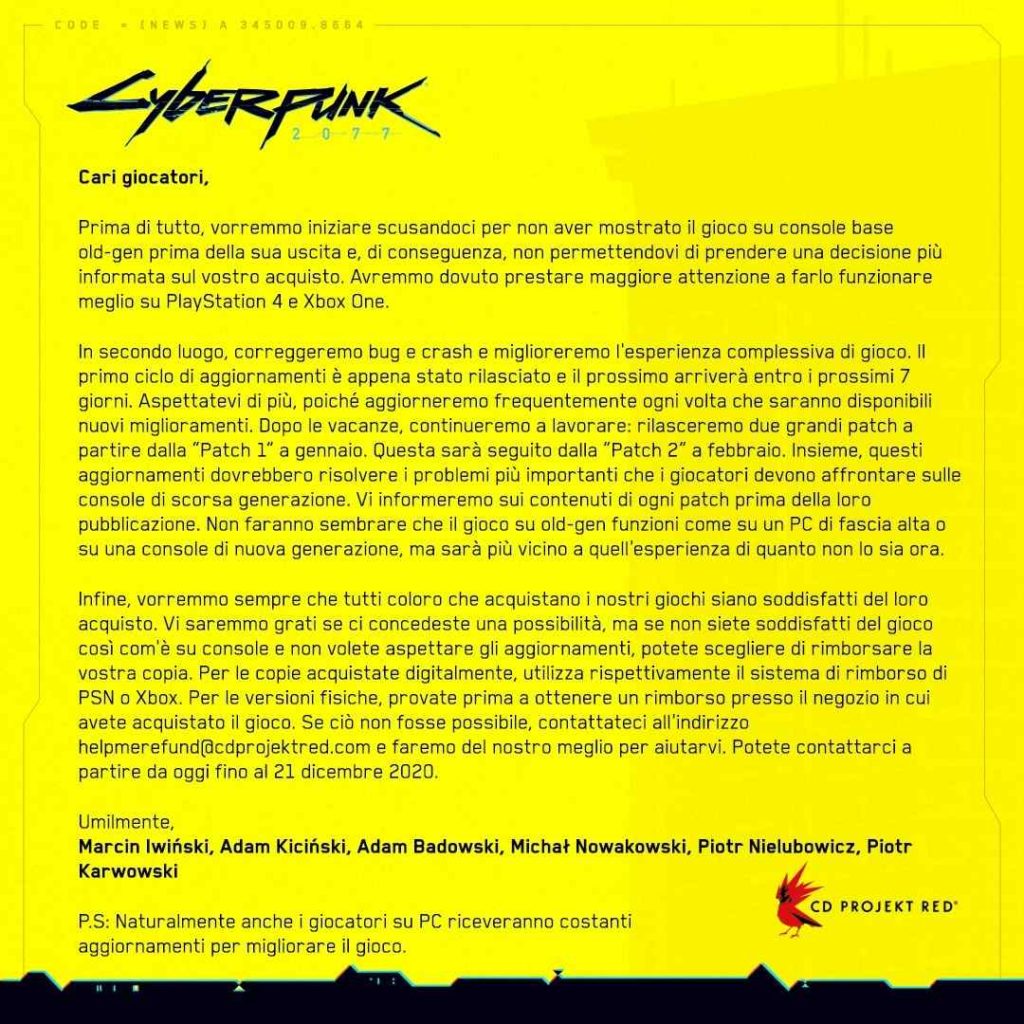 CD Projekt Red rimborsi Cyberpunk