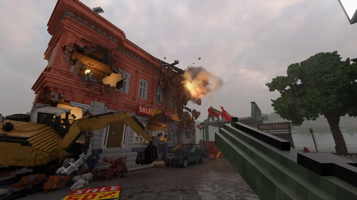 Uno screenshot di Teardown che mostra un esplosione sul lato di un edificio già piuttosto distrutto.