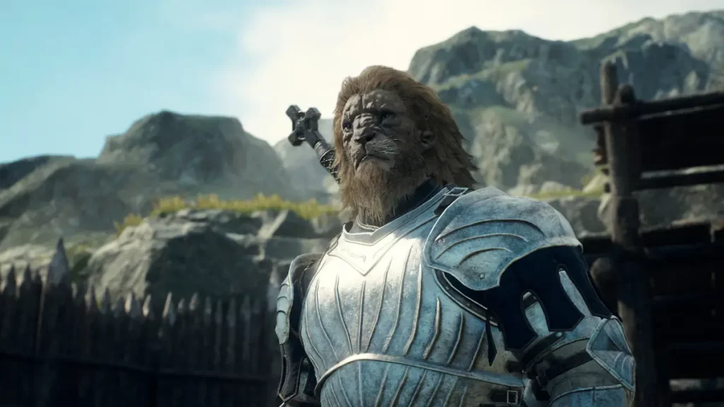 Dragon's Dogma 2: un leone antropomorfo, vestito di un'armatura, guarda fuori inquadratura, preoccupato.