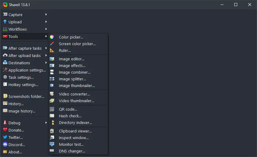 ShareX Main window, tool Menu