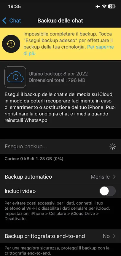 Schermata backup di WhatsApp