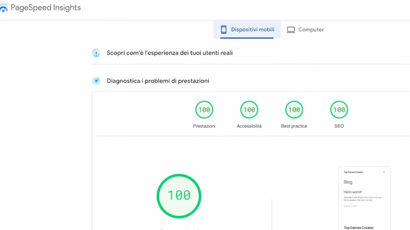 prestazioni VHOSTING google page speed