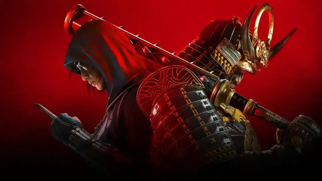 Yasuke e Naoe in primo piano schiena contro schiena su sfondo rosso