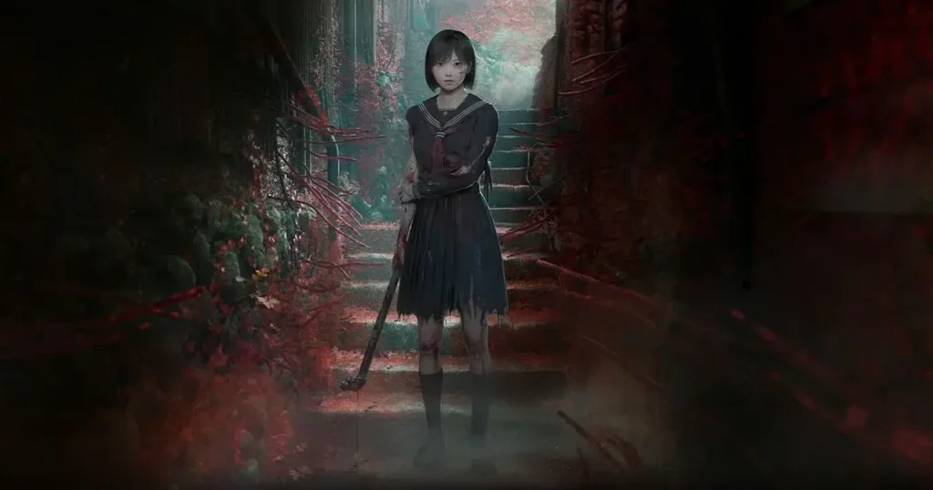 La protagonista Hinako ai piedi di una scala