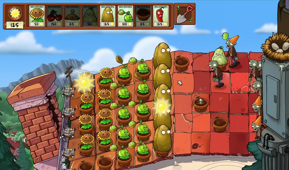 Plants Vs Zombies Un tipico setup nei livelli del tetto