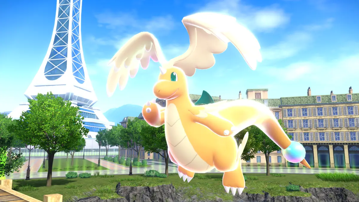 Pokémon Legends Z-A Recensione La mega evoluzione di Dragonite vola davanti alla torre Prisma