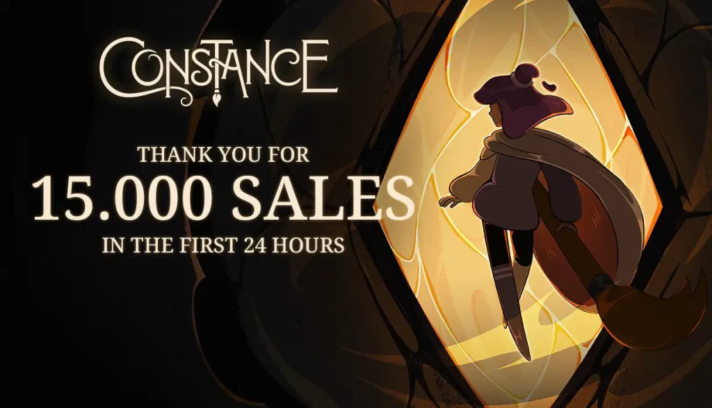 Illustrazione di Constance con la protagonista di spalle che entra in un portale luminoso, accompagnata dal testo “15.000 sales in the first 24 hours”.
