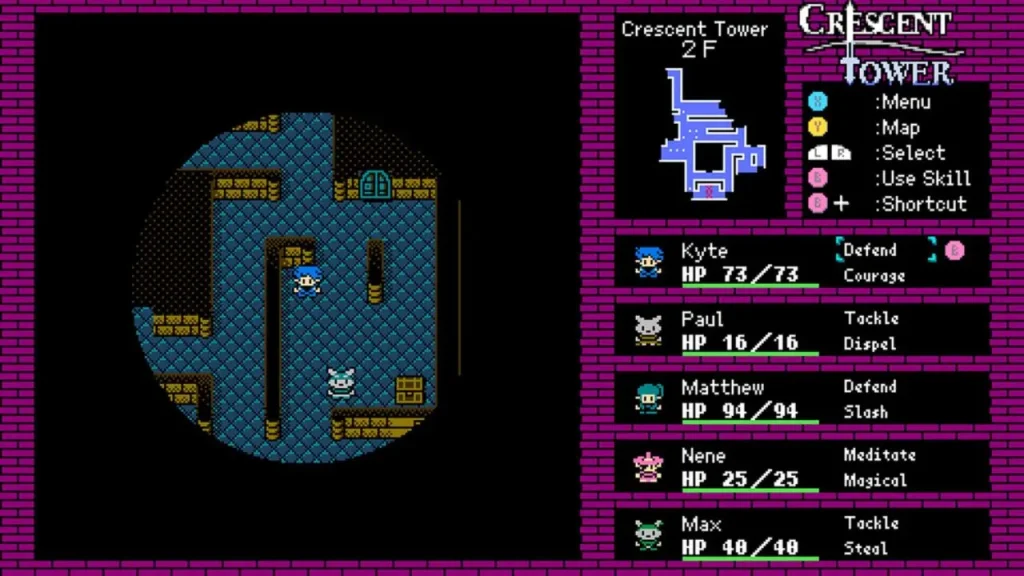 Screenshot di Crescent Tower con visuale dall’alto in stile 8-bit, personaggio che esplora una stanza della torre e interfaccia con mappa e party.
