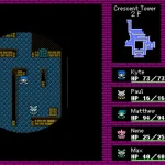 Screenshot di Crescent Tower con visuale dall’alto in stile 8-bit, personaggio che esplora una stanza della torre e interfaccia con mappa e party.