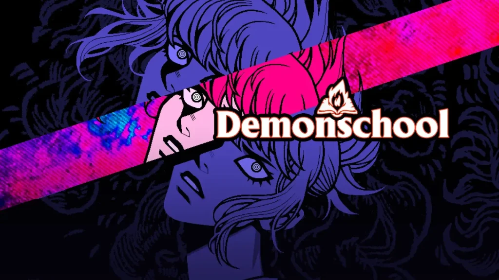Artwork di Demonschool con due volti stilizzati in bianco e nero e fascia diagonale colorata con il logo del gioco.