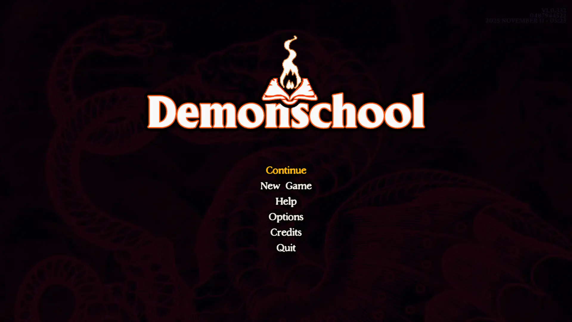 Menu principale di Demonschool con logo centrale e opzioni di gioco su sfondo scuro decorato con serpenti.