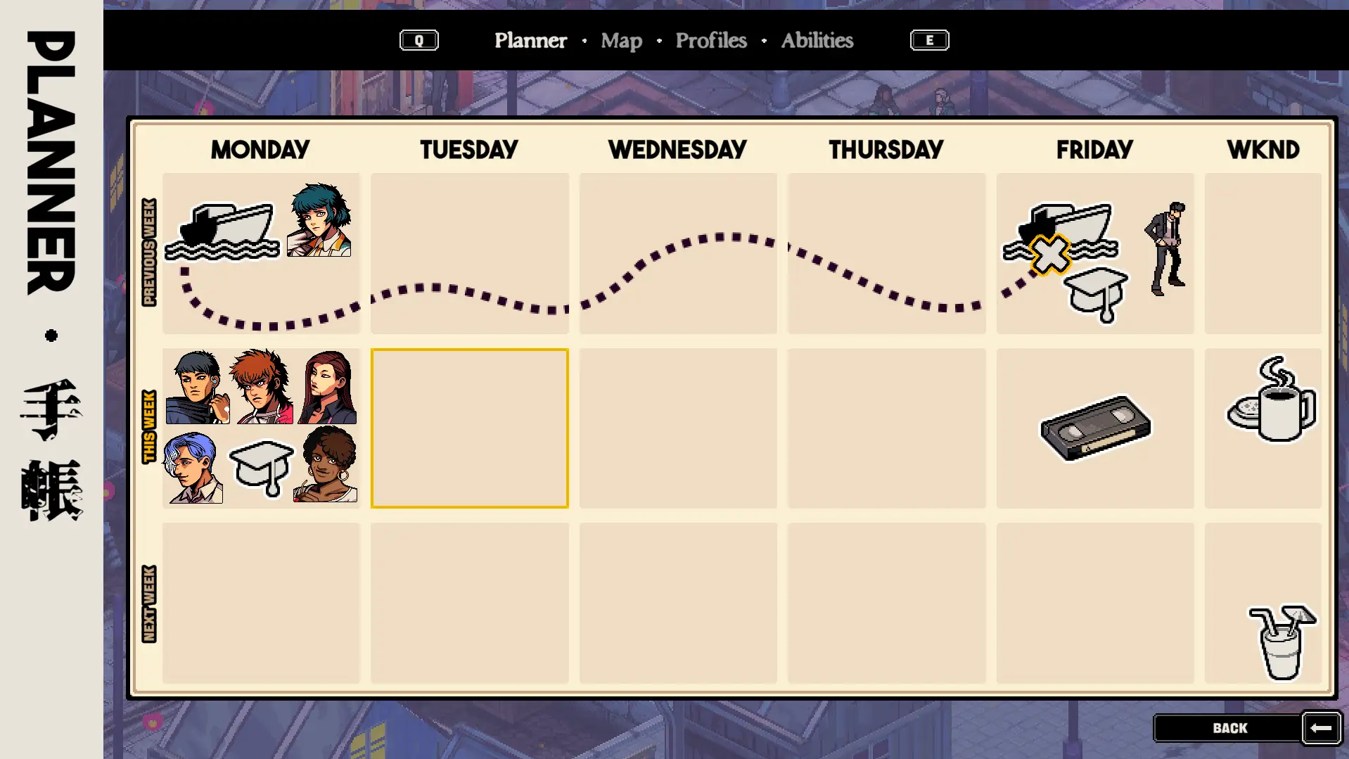 Schermata del planner settimanale con griglia dei giorni, icone di attività e ritratti dei personaggi.