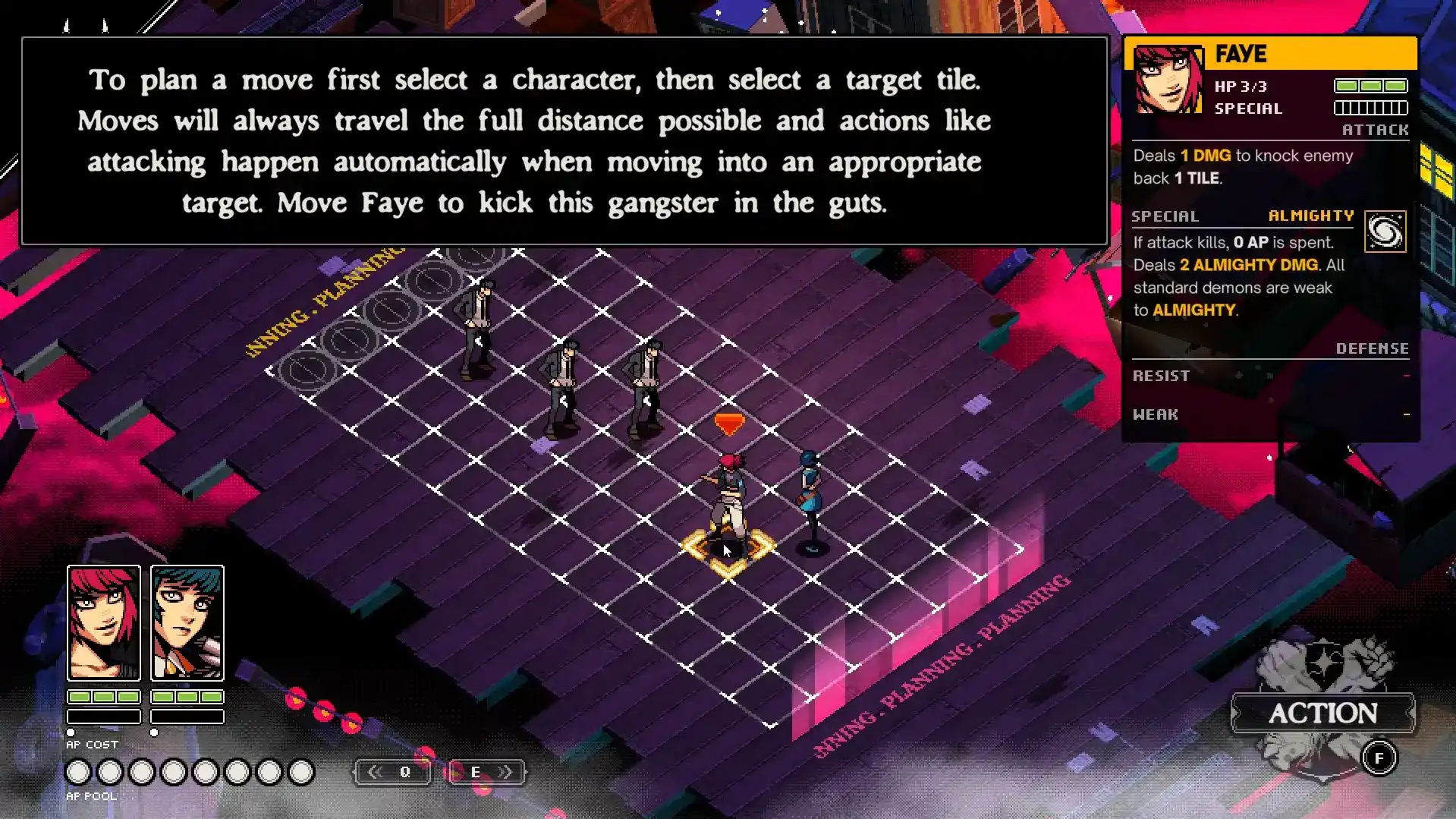 Schermata di combattimento tattico con griglia, personaggi, istruzioni per il movimento e pannello delle abilità a destra