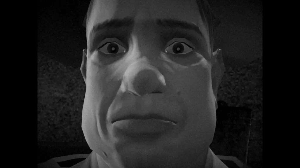 Primo piano in bianco e nero di un personaggio con espressione inquietante del videogioco Horses.
