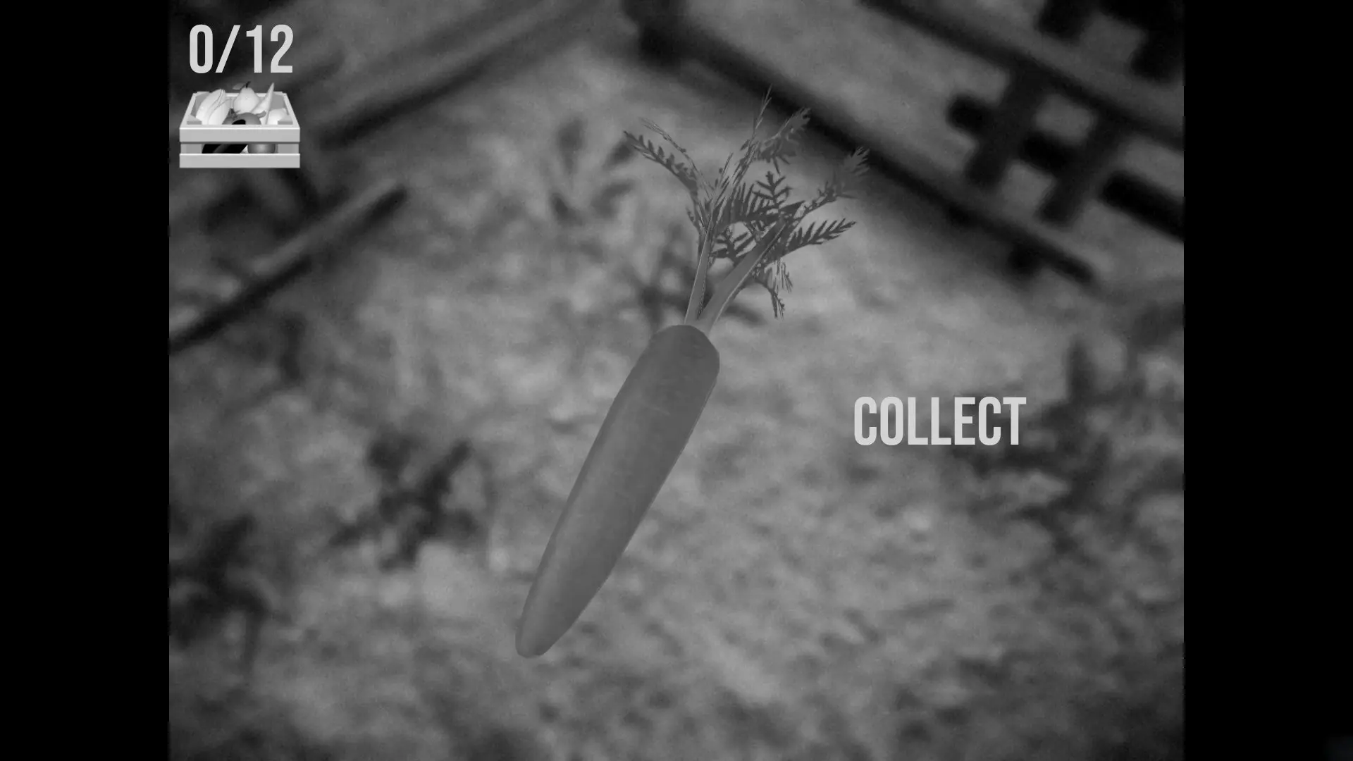 Carota con foglie verdi in primo piano, opzione di raccolta visibile sullo schermo.