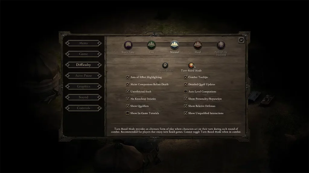 Impostazioni del menu del gioco che mostrano l’opzione “Turn-Based Mode” attivabile nella modalità a turni di Pillars of Eternity.