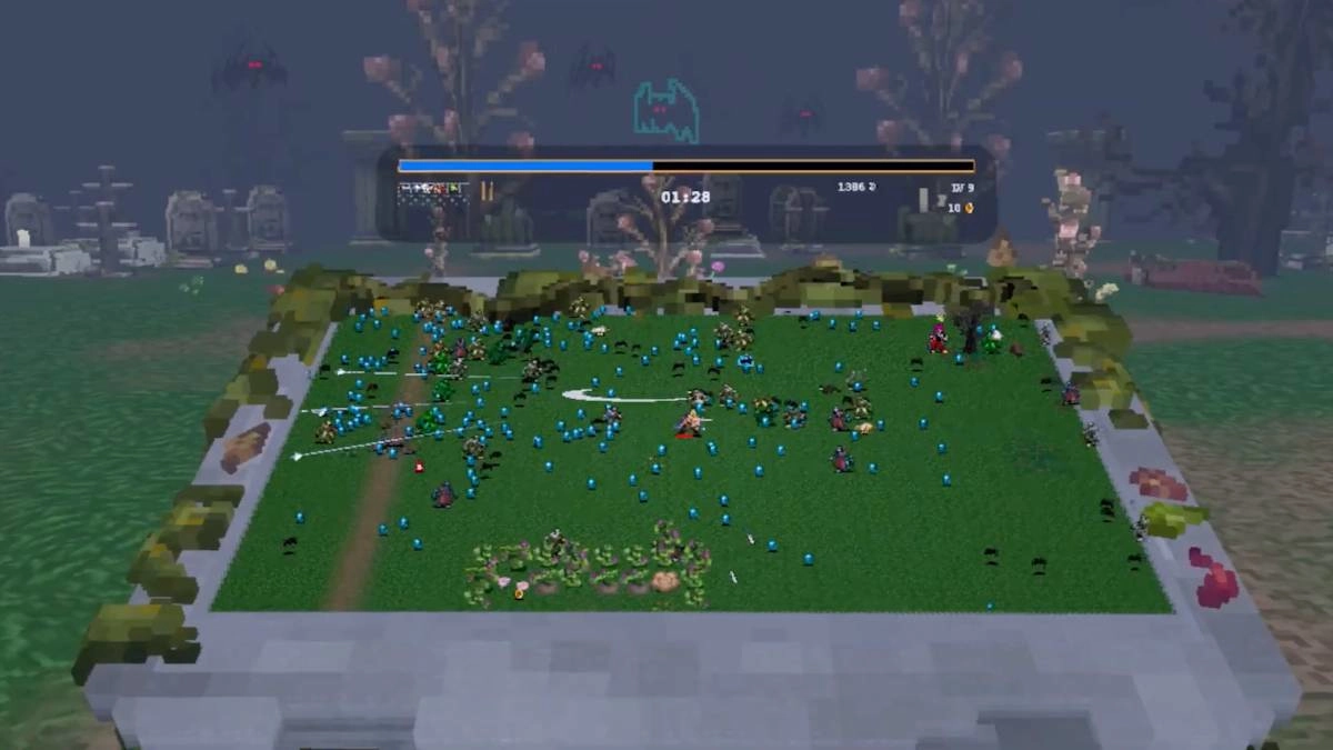 vista dall'alto del diorama in Vampire Survivors VR