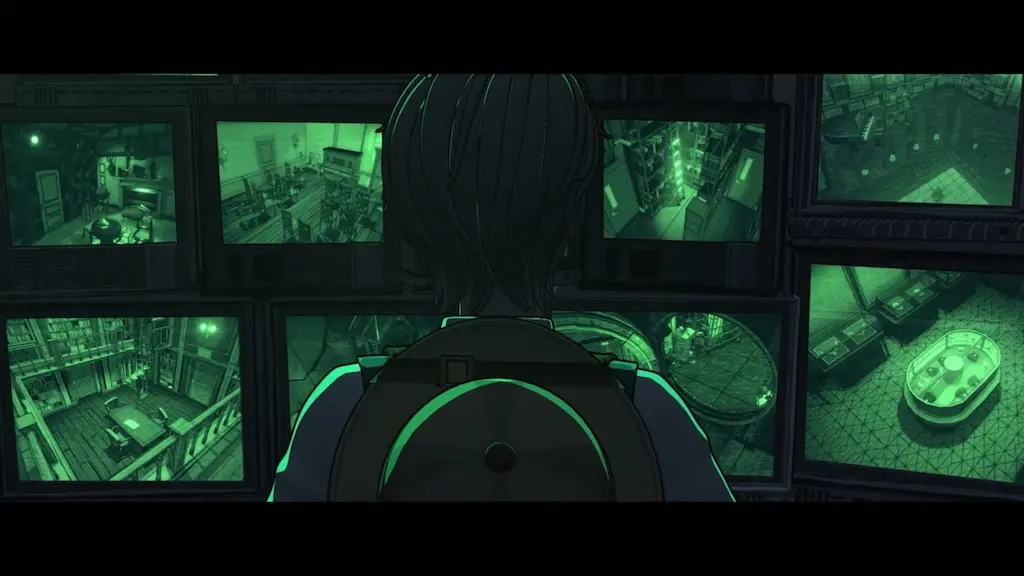 Personaggio osserva più monitor verdi che mostrano stanze di una villa.