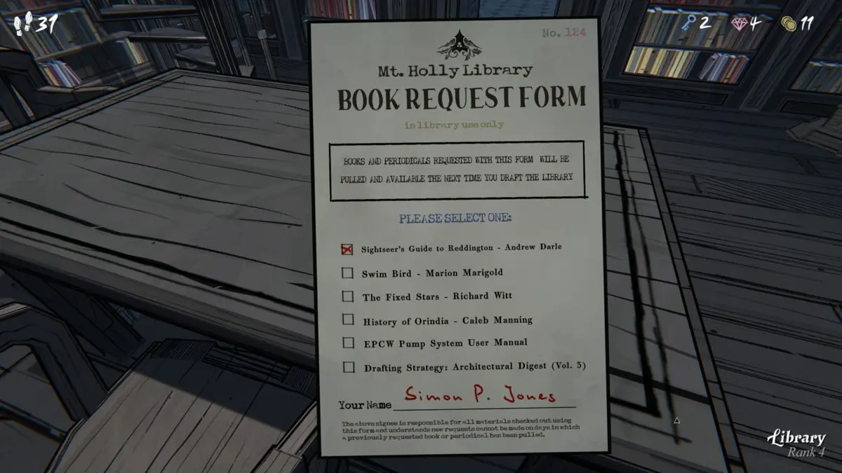 Modulo di richiesta libri della Mt. Holly Library con titoli selezionabili.