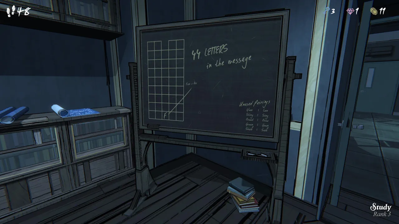 Lavagna con schema e scritte per risolvere un enigma.