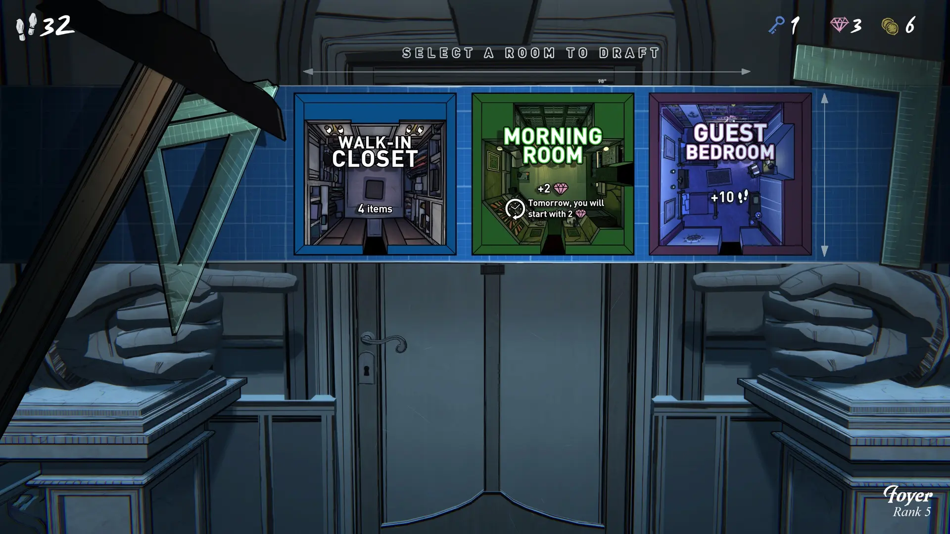 Schermata di selezione stanza con tre opzioni colorate.