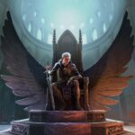 Illustrazione di Disciples: Domination con la Regina Avyanna seduta su un trono alato all’interno di una cattedrale fantasy.