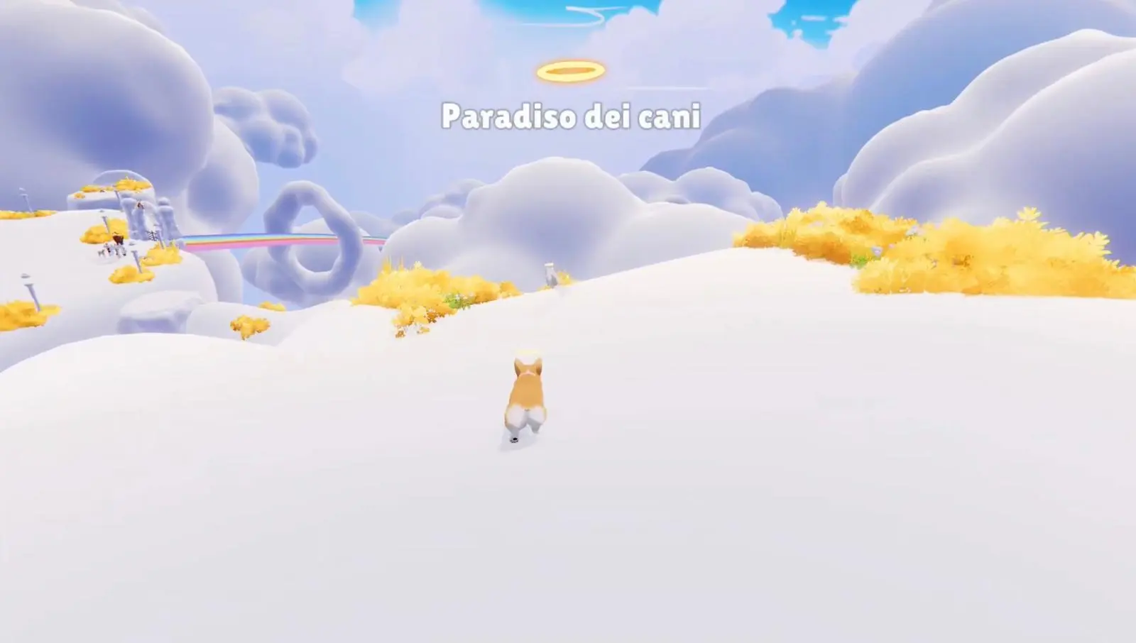 Un cucciolo si avvicina a un altro cane e a una bambina, tutti con un’aureola sopra la testa, in un ambiente bianco e dorato circondato da vegetazione morbida.