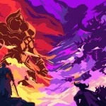 Illustrazione di Philna Fantasy in pixel art con due colossali entità opposte, una di fuoco e una oscura, che si fronteggiano mentre piccoli eroi osservano la battaglia