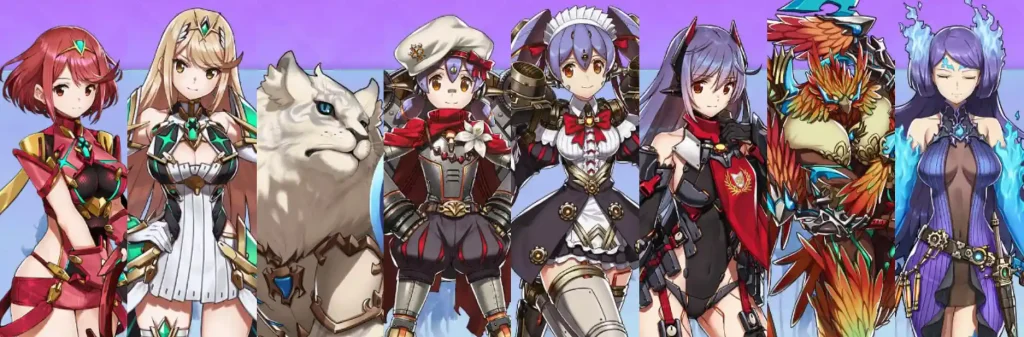 Personaggi Blade rari di Xenoblade Chronicles 2, alcuni dei quali disegnati da Soraya Saga.