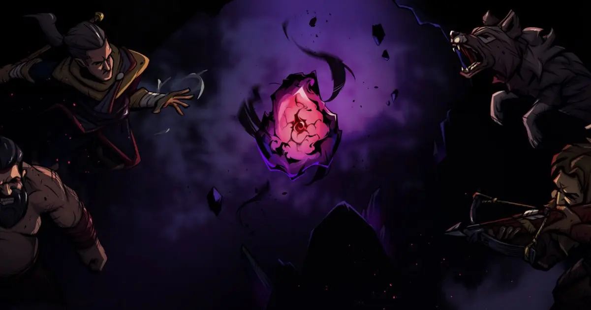 Illustrazione di Blightstone con quattro eroi che convergono verso un cristallo viola corrotto, simbolo della minaccia centrale del fantasy oscuro del gioco.
