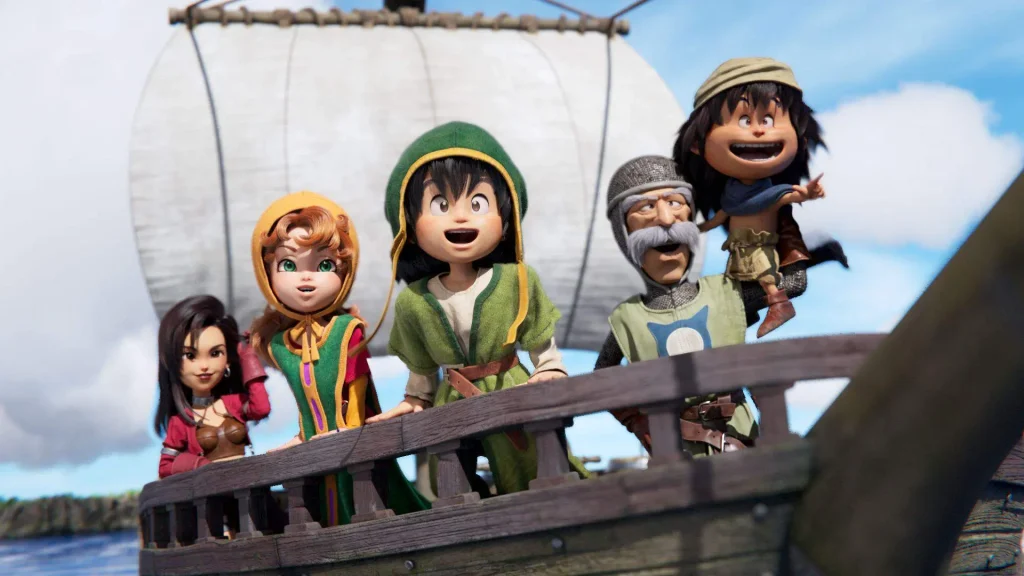 Personaggi di Dragon Quest VII Reimagined a bordo di una nave, rappresentati con uno stile 3D ispirato a modellini e diorami, mentre osservano l’orizzonte.
