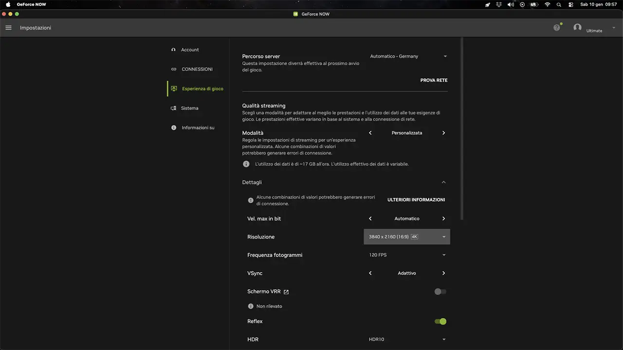 Le impostazioni di GeForce NOW