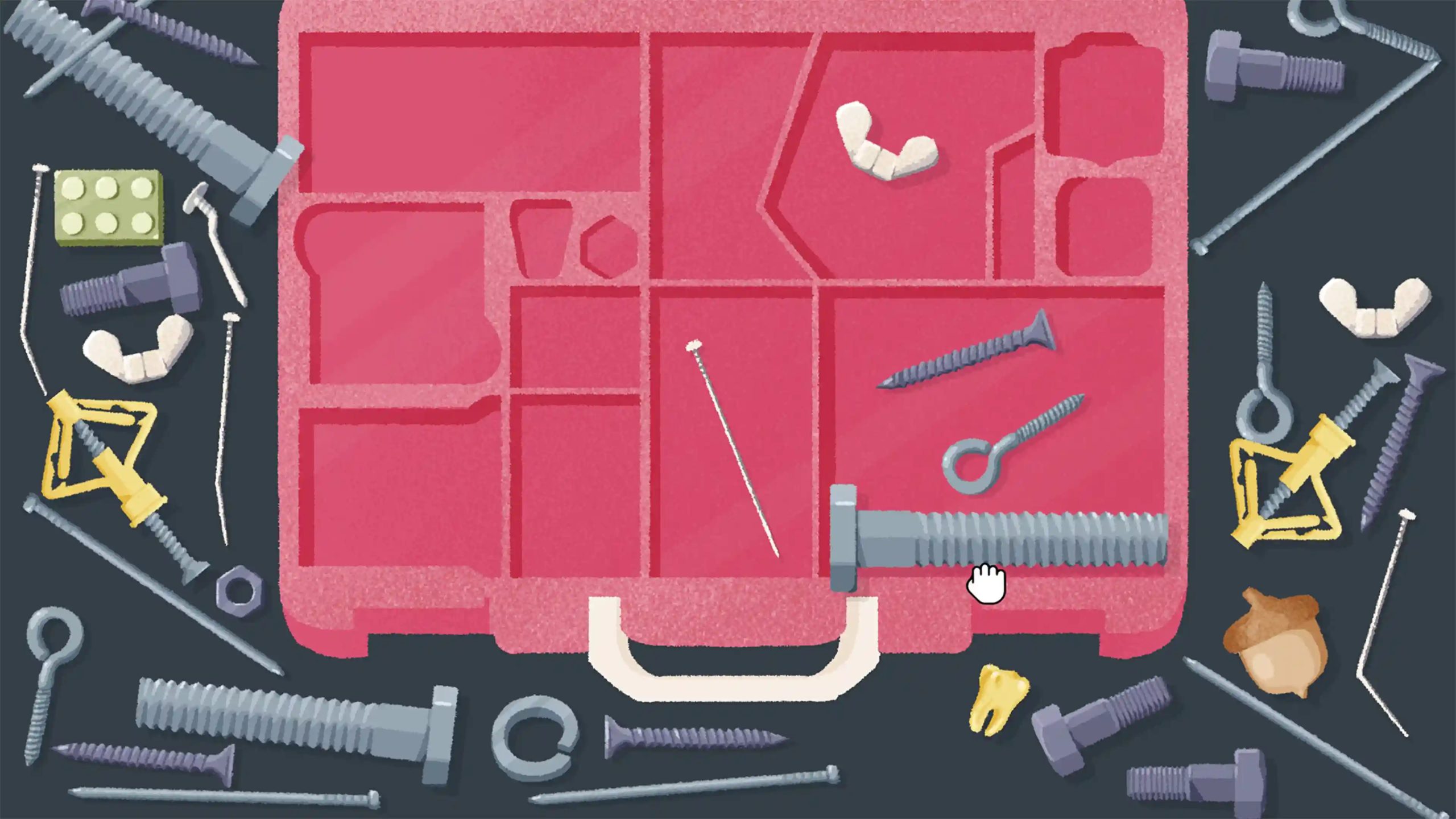 Scatola rosa per organizzare oggetti circondata da viti, bulloni e piccoli elementi sparsi.