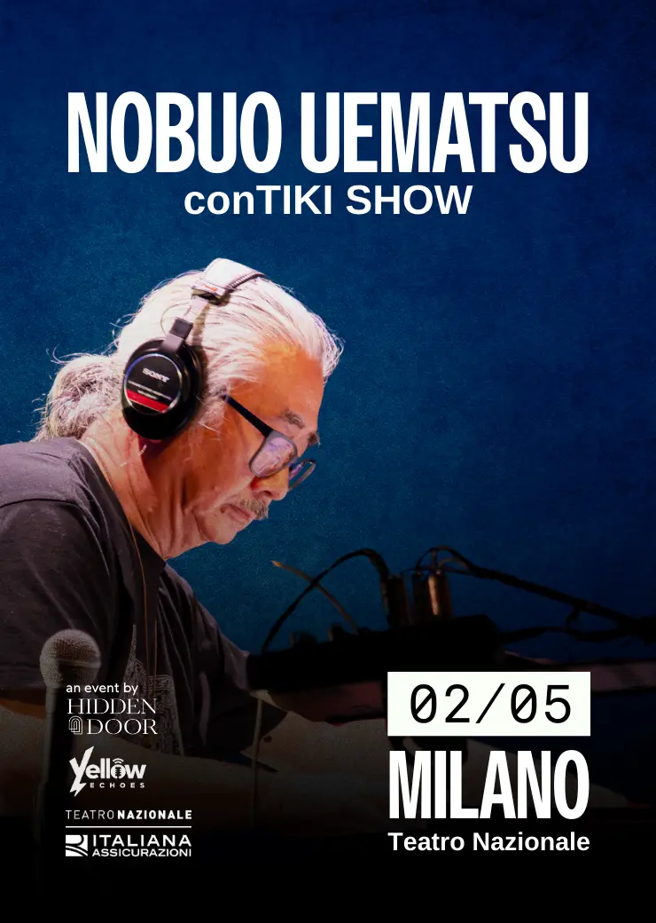 Locandina del concerto di Nobuo Uematsu con il conTIKI Show, con data 2 maggio 2026 al Teatro Nazionale di Milano. Sullo sfondo, il musicista indossa cuffie e suona alle tastiere, con microfono e attrezzatura audio visibili.