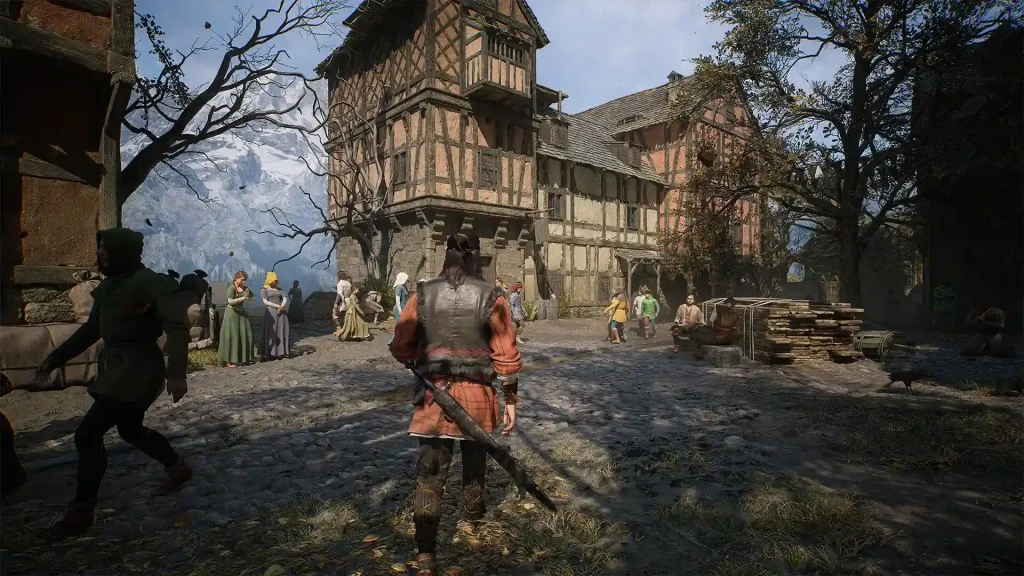 Scorcio di un villaggio medievale in The Blood of Dawnwalker con il protagonista che attraversa una piazza popolata da NPC.