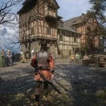 Scorcio di un villaggio medievale in The Blood of Dawnwalker con il protagonista che attraversa una piazza popolata da NPC.