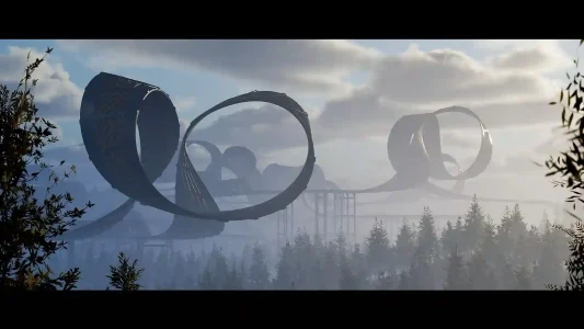 Panoramica di pista con loop giganti in Wreckreation immersa nella natura.