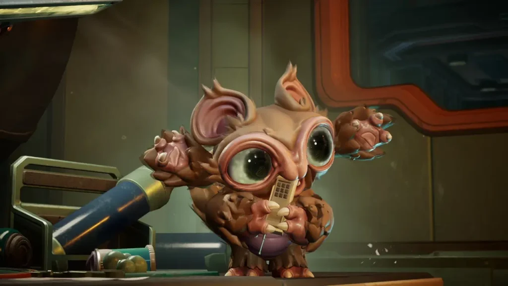 Piccolo Voidling dagli occhi enormi e lucidi tiene un dispositivo in un laboratorio futuristico in Voidling Bound.