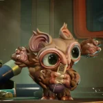 Piccolo Voidling dagli occhi enormi e lucidi tiene un dispositivo in un laboratorio futuristico in Voidling Bound.