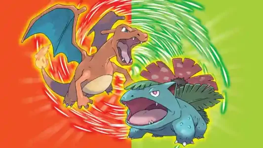 Artwork ufficiale di Pokémon FireRed Version e Pokémon LeafGreen Version per Nintendo Switch con i leggendari Charizard e Venusaur.