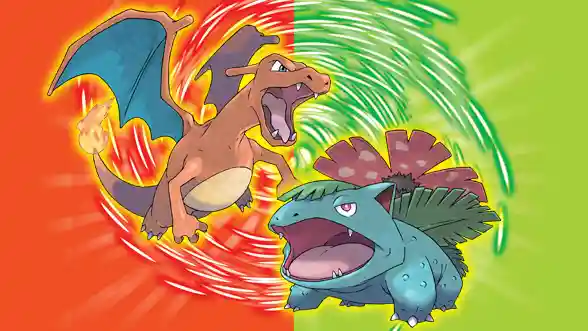 Artwork ufficiale di Pokémon FireRed Version e Pokémon LeafGreen Version per Nintendo Switch con i leggendari Charizard e Venusaur.