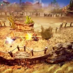 Screenshot di The Adventures of Elliot con il protagonista in rosso che colpisce un nemico con un’arma a catena in un ambiente desertico con cactus, rocce e interfaccia di gioco visibile.