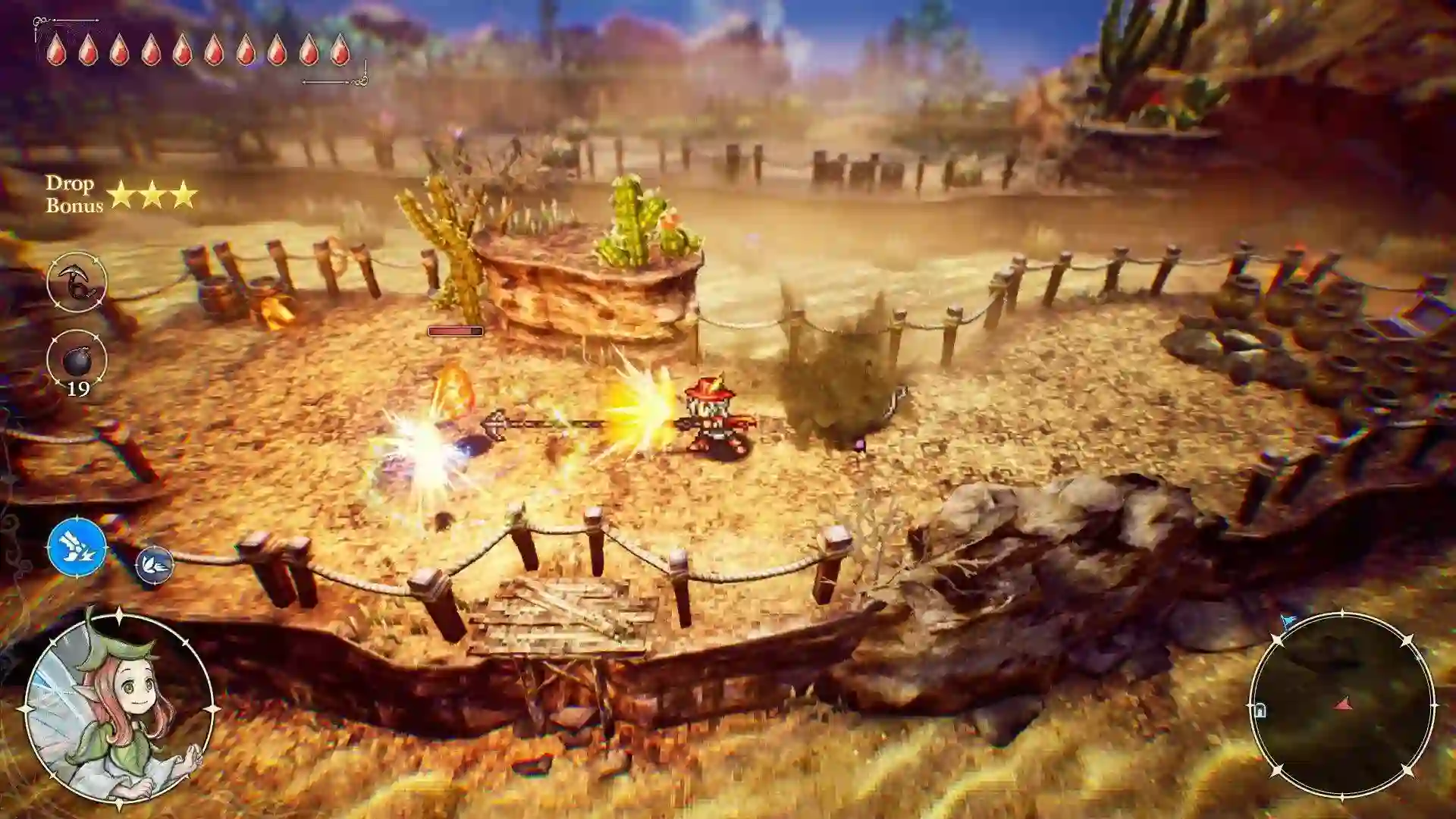 Screenshot di The Adventures of Elliot con il protagonista in rosso che colpisce un nemico con un’arma a catena in un ambiente desertico con cactus, rocce e interfaccia di gioco visibile.