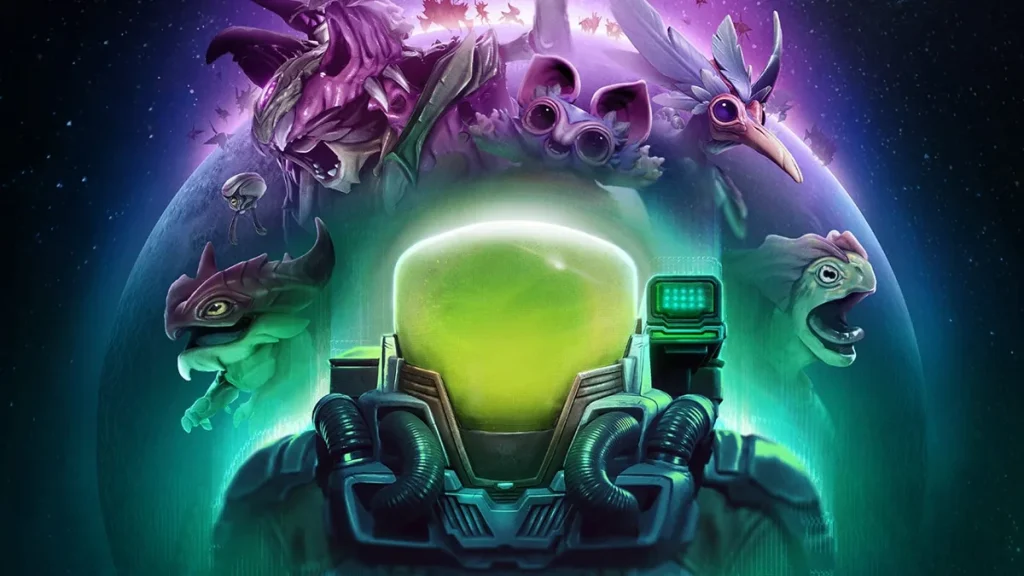 Illustrazione sci-fi con un personaggio in armatura futuristica e casco luminoso verde al centro, circondato da Voidling su sfondo spaziale con un pianeta viola.
