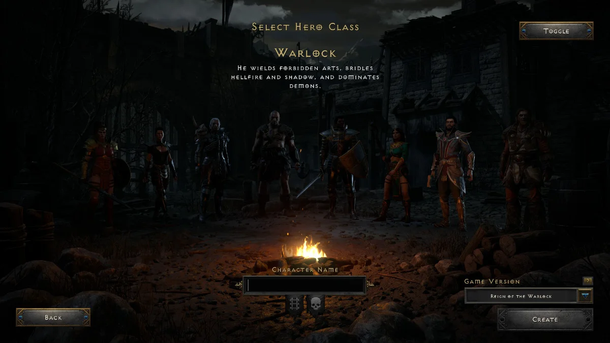 Diablo II Il Warlock nella schermata di selezione della classe