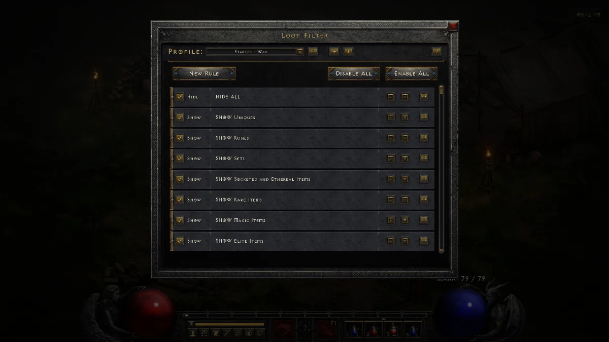 Diablo II La schermata dei filtri del loot