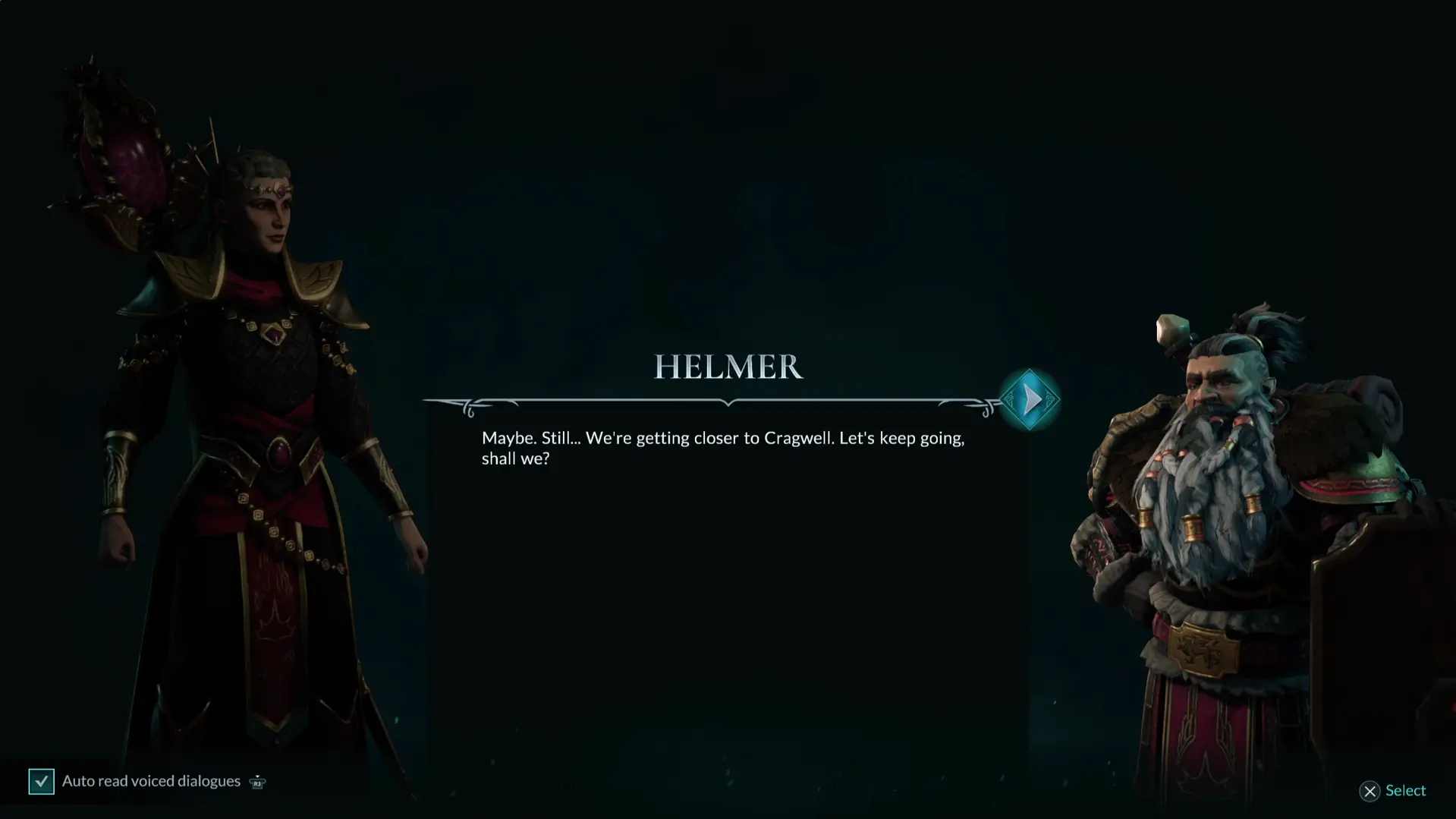 Schermata di dialogo di Disciples: Domination con due personaggi e testo centrale attribuito a Helmer.